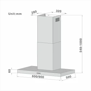 T-shape Chimney Cooker Hood 60MM Panel Height 102A 60/90cm - 图片 2