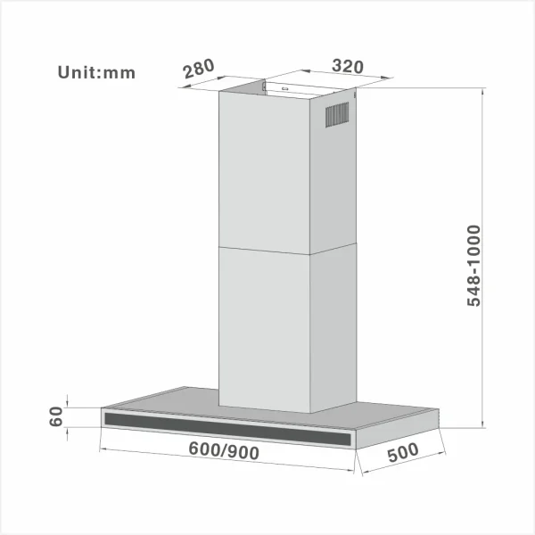 T-shape Chimney Cooker Hood Touch Control Chimney 108 60/90cm
