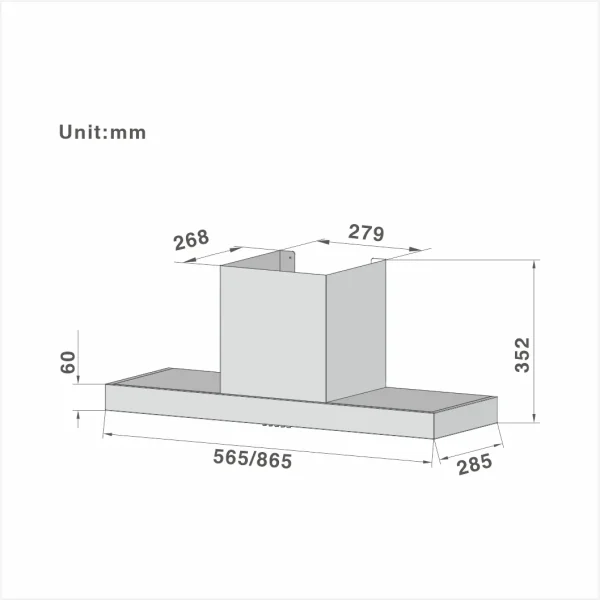 T-shape Chimney Cooker Hood Push Button Chimney 126 60/90cm