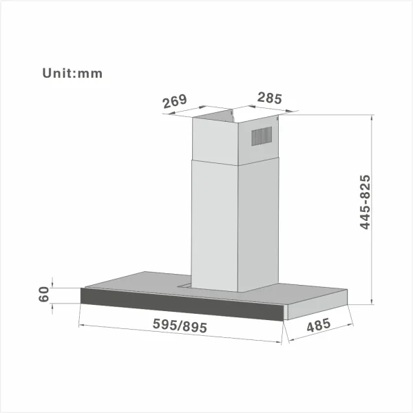 T-shape Chimney Cooker Hood Touch Control Chimney 129 60/90cm