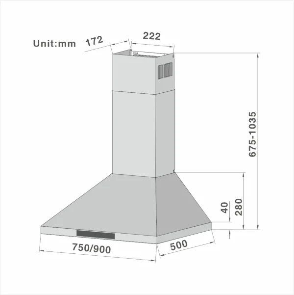 Wall Mount Cooker Hood with 3-speed Extraction 206B 60/90/100cm